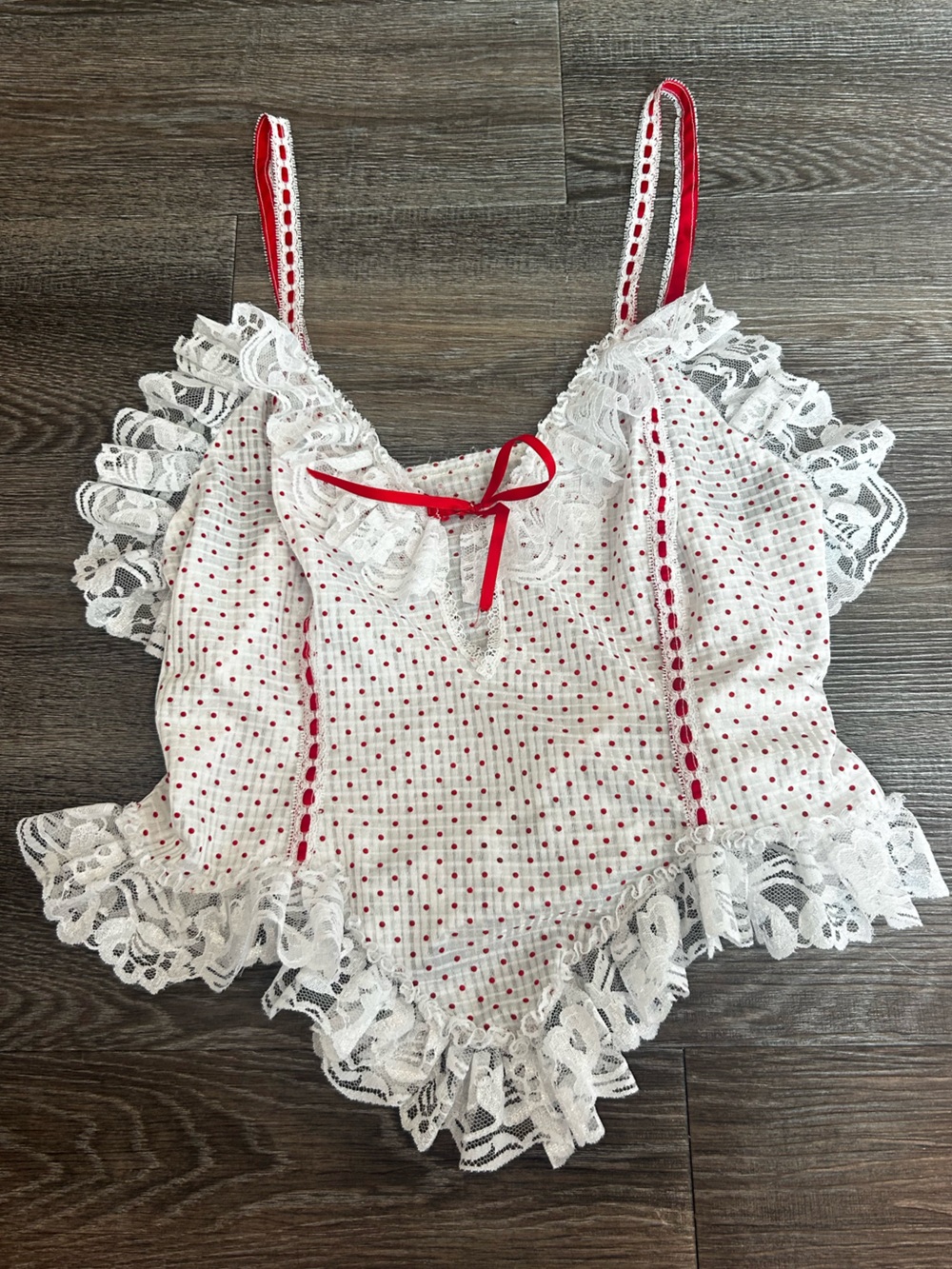 White Lace Polka Dot Tank Top with Red Accents
